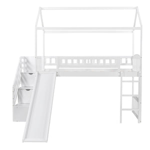 Playhouse Loft Bed With Drawers and Slide (White Twin Size) - Montana Home & Kitchen Co.