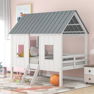 Playhouse with Windows and Roof White Twin Size Low Loft Bed - Montana Home & Kitchen Co.