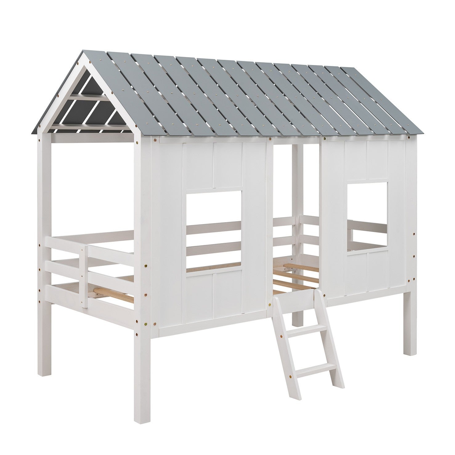 Playhouse with Windows and Roof White Twin Size Low Loft Bed - Montana Home & Kitchen Co.