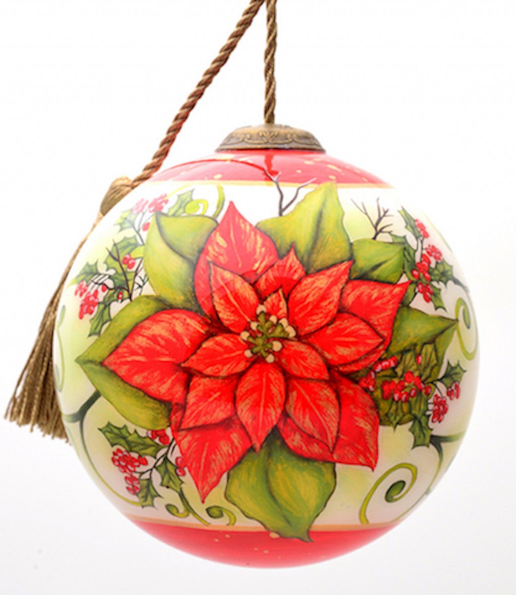 Poinsettia Flower Hand Painted Mouth Blown Glass Ornament - Montana Home & Kitchen Co.