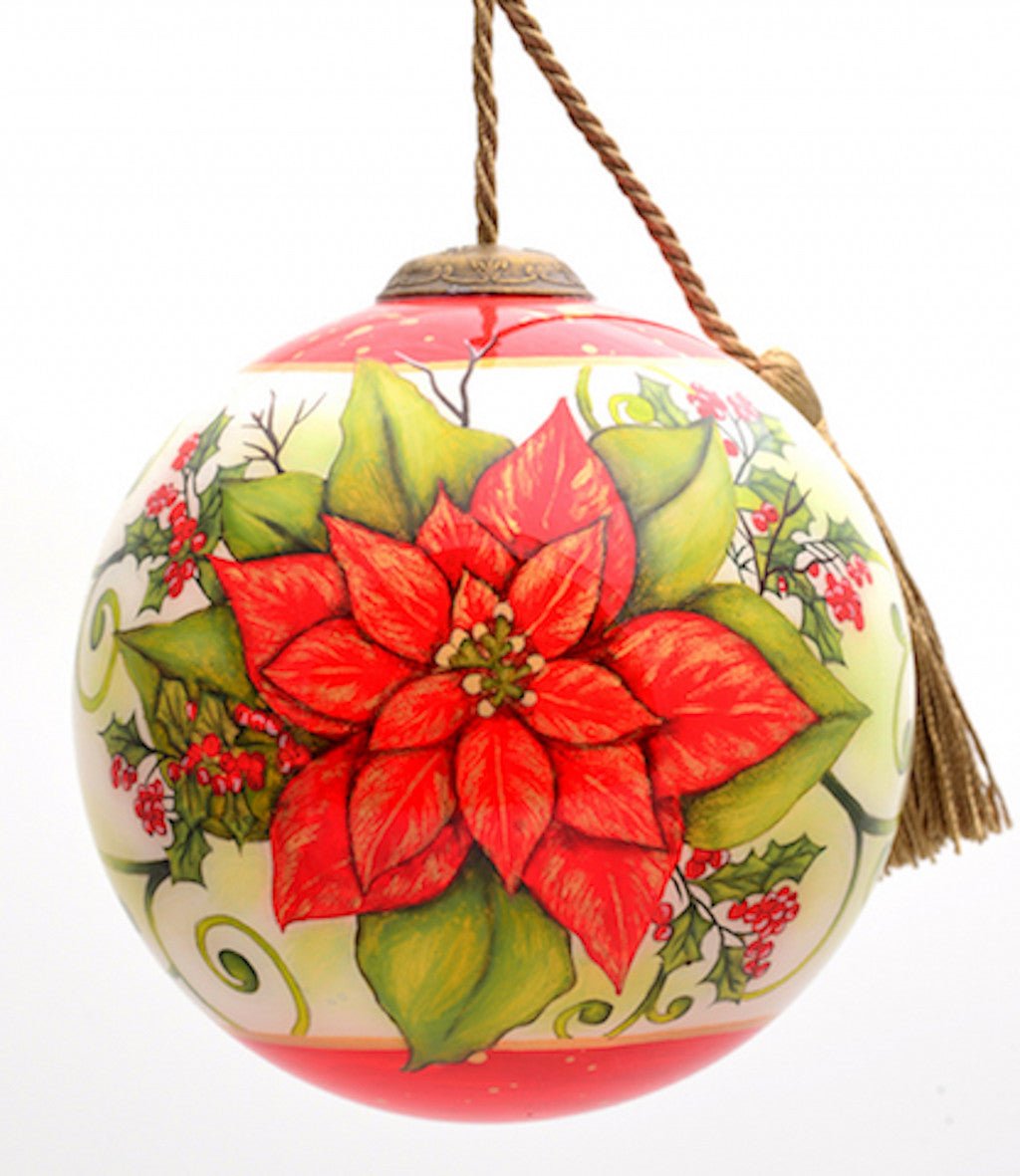 Poinsettia Flower Hand Painted Mouth Blown Glass Ornament - Montana Home & Kitchen Co.