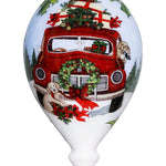 Puppy and Red Truck Christmas Wreath Hand Painted Mouth Blown Glass Ornament - Montana Home & Kitchen Co.