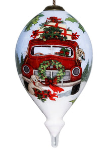 Puppy and Red Truck Christmas Wreath Hand Painted Mouth Blown Glass Ornament - Montana Home & Kitchen Co.