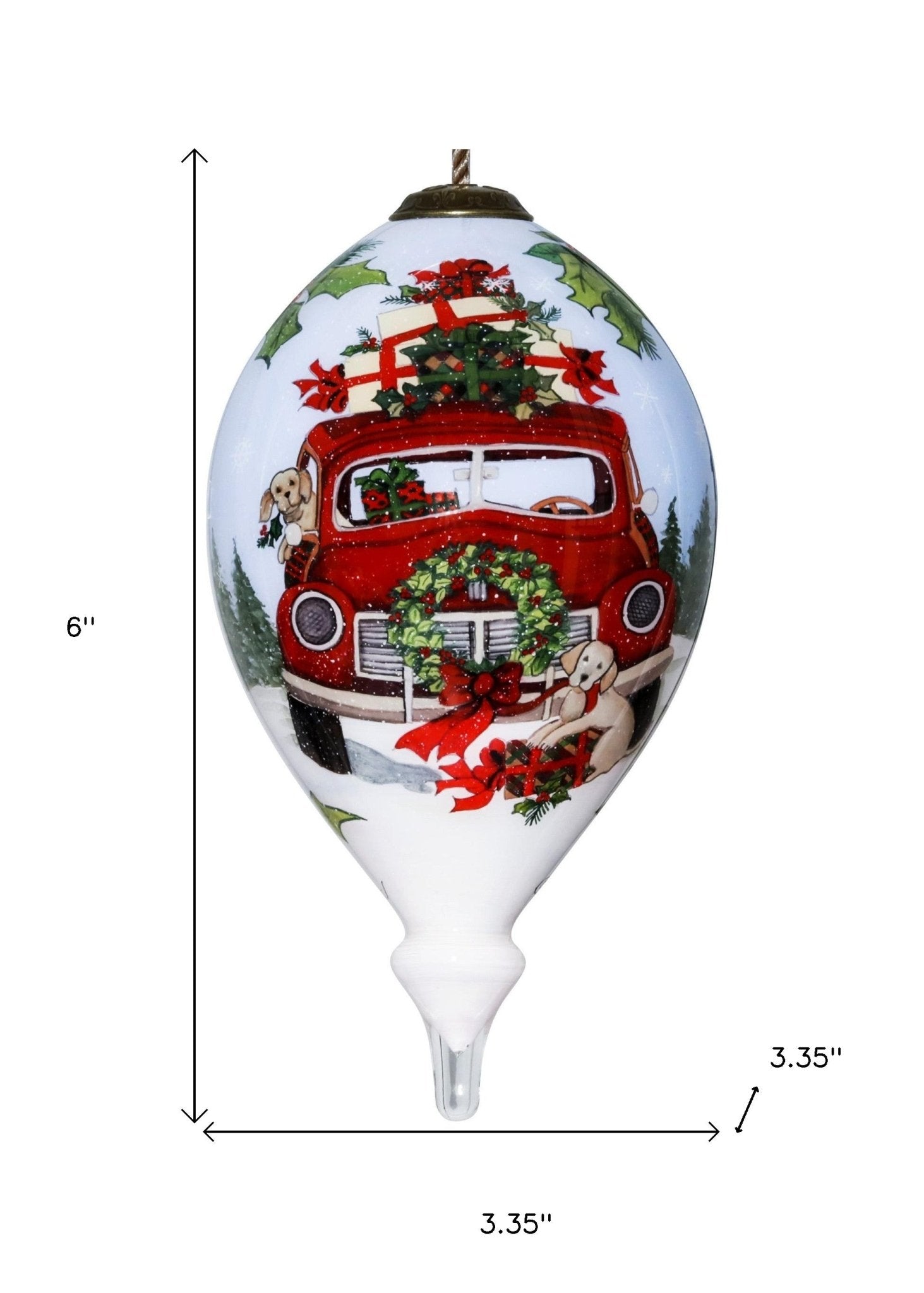 Puppy and Red Truck Christmas Wreath Hand Painted Mouth Blown Glass Ornament - Montana Home & Kitchen Co.