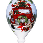 Puppy and Red Truck Christmas Wreath Hand Painted Mouth Blown Glass Ornament - Montana Home & Kitchen Co.