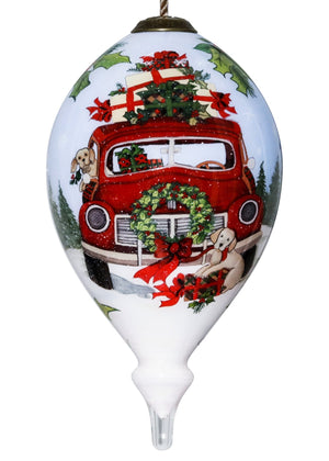 Puppy and Red Truck Christmas Wreath Hand Painted Mouth Blown Glass Ornament - Montana Home & Kitchen Co.