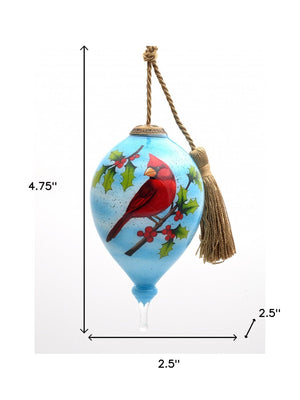 Red Cardinal on Christmas Holly Branches Hand Painted Mouth Blown Glass Ornament - Montana Home & Kitchen Co.