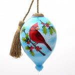 Red Cardinal on Christmas Holly Branches Hand Painted Mouth Blown Glass Ornament - Montana Home & Kitchen Co.