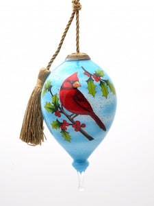 Red Cardinal on Christmas Holly Branches Hand Painted Mouth Blown Glass Ornament - Montana Home & Kitchen Co.