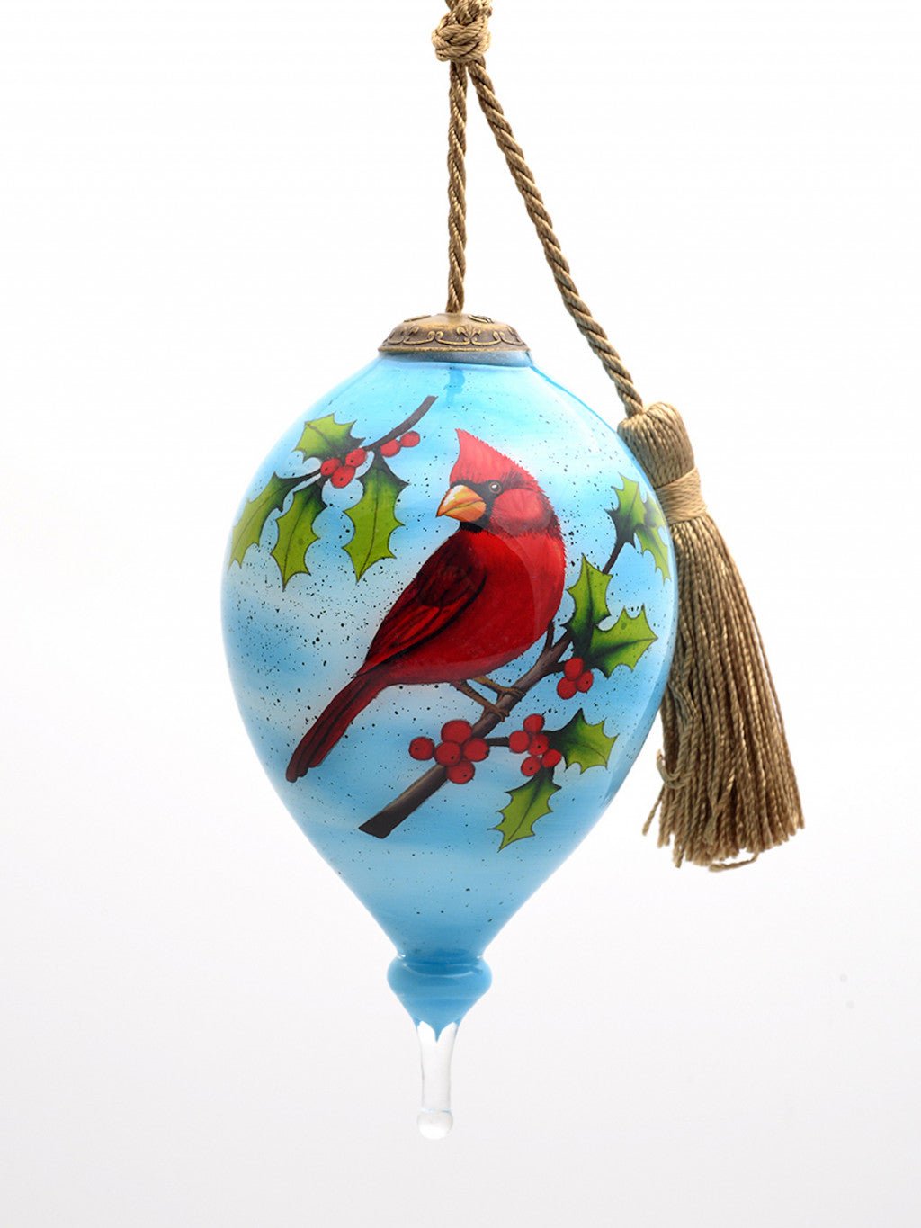 Red Cardinal on Christmas Holly Branches Hand Painted Mouth Blown Glass Ornament - Montana Home & Kitchen Co.