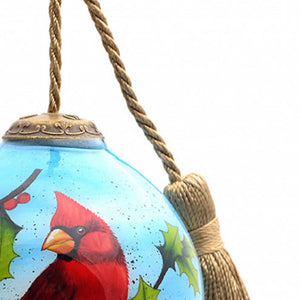 Red Cardinal on Christmas Holly Branches Hand Painted Mouth Blown Glass Ornament - Montana Home & Kitchen Co.