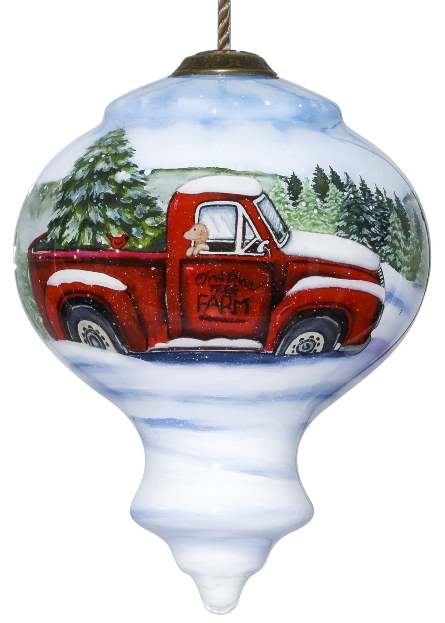 Red Farm Truck with Tree Hand Painted Mouth Blown Glass Ornament - Montana Home & Kitchen Co.