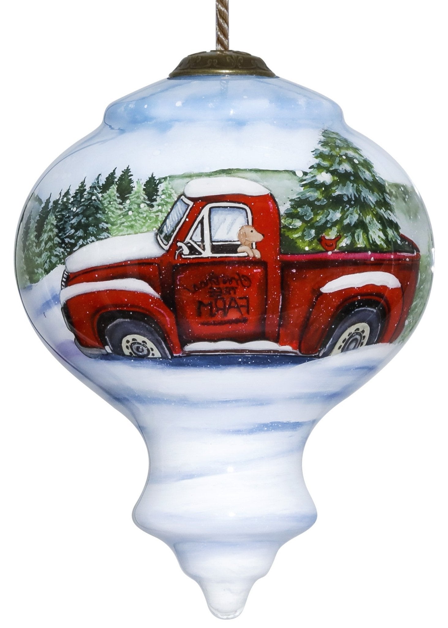 Red Farm Truck with Tree Hand Painted Mouth Blown Glass Ornament - Montana Home & Kitchen Co.