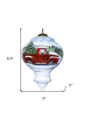 Red Farm Truck with Tree Hand Painted Mouth Blown Glass Ornament - Montana Home & Kitchen Co.