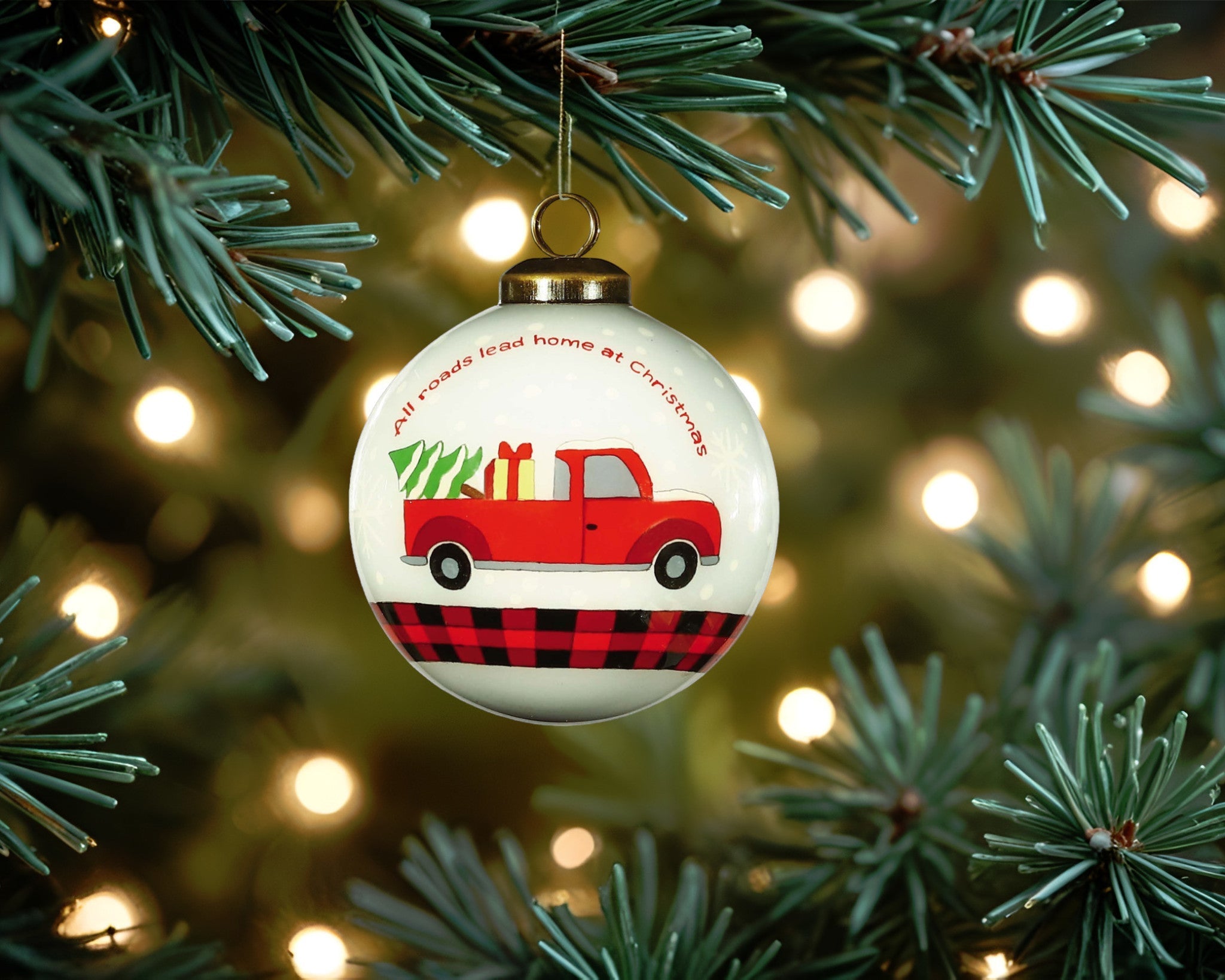 Red Pickup Truck with Presents Hand Painted Mouth Blown Glass Ornament - Montana Home & Kitchen Co.