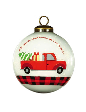 Red Pickup Truck with Presents Hand Painted Mouth Blown Glass Ornament - Montana Home & Kitchen Co.