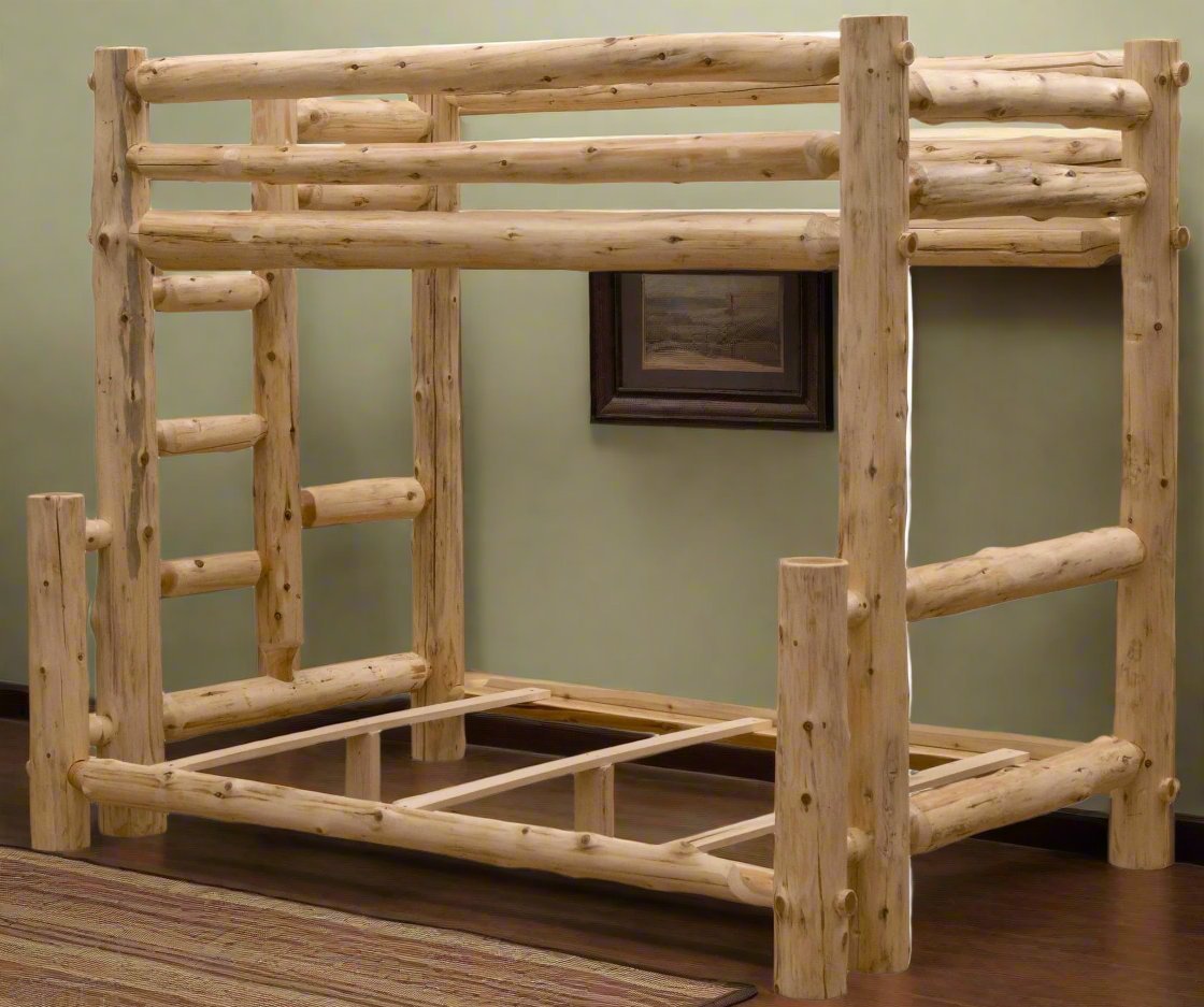 Rustic And Natural Cedar Double And Single Ladder Left Log Bunk Bed - Montana Home & Kitchen Co.