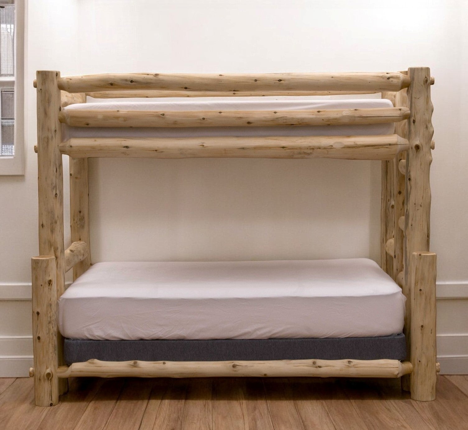 Rustic And Natural Cedar Queen And Single Ladder Left Log Bunk Bed - Montana Home & Kitchen Co.