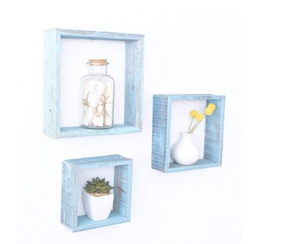 Set Of 3 Square Robins Egg Blue Reclaimed Wood Open Box Shelve - Montana Home & Kitchen Co.