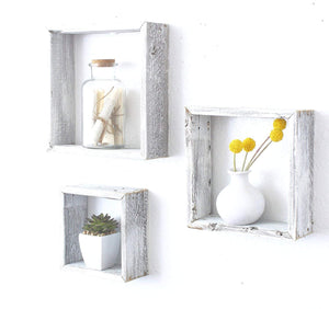 Set Of 3 Square Rustic White Wash Wood Open Box Shelve - Montana Home & Kitchen Co.