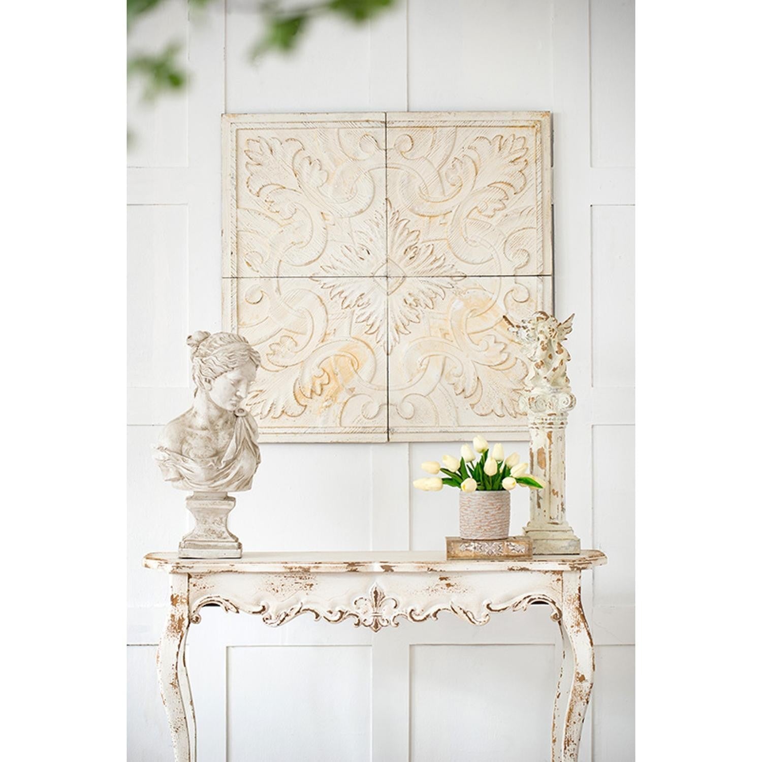 Set of 4 Whitewashed Arabesque Carved Wall Art - Montana Home & Kitchen Co.