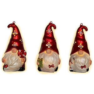 Set of Three Red and White Santa Gnome LED Light Up Christmas Ornaments - Montana Home & Kitchen Co.