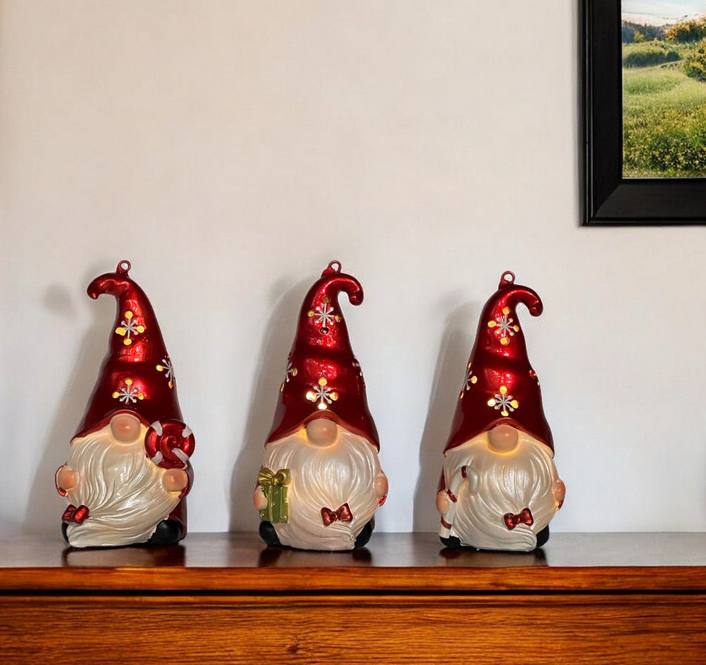 Set of Three Red and White Santa Gnome LED Light Up Christmas Ornaments - Montana Home & Kitchen Co.