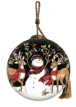 Snowman and Reindeer in Holiday Lights Hand Painted Mouth Blown Glass Ornament - Montana Home & Kitchen Co.