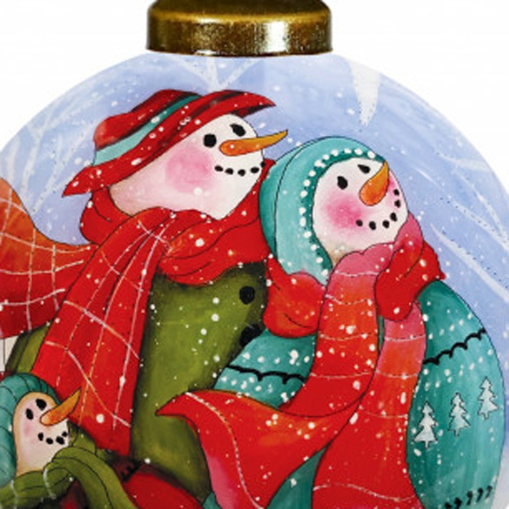 Snowman Family Bless Our Family Wordings Hand Painted Mouth Blown Glass Ornament - Montana Home & Kitchen Co.