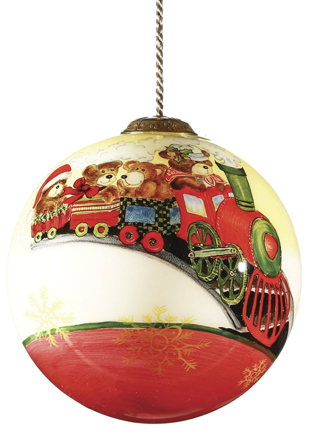 Teddy on Toy Train Hand Painted Mouth Blown Glass Ornament - Montana Home & Kitchen Co.