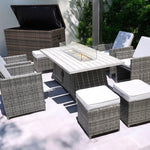 Ten Piece Outdoor Gray Wicker Multiple Chairs Seating Group Fire Pit Included with White Cushions - Montana Home & Kitchen Co.