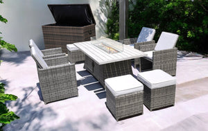 Ten Piece Outdoor Gray Wicker Multiple Chairs Seating Group Fire Pit Included with White Cushions - Montana Home & Kitchen Co.