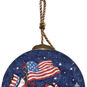 Three Snowman and an American Flag Hand Painted Mouth Blown Glass Ornament - Montana Home & Kitchen Co.