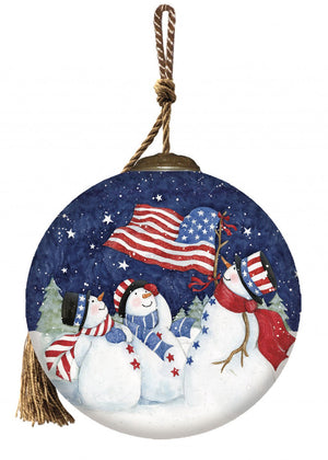 Three Snowman and an American Flag Hand Painted Mouth Blown Glass Ornament - Montana Home & Kitchen Co.