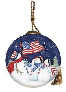 Three Snowman and an American Flag Hand Painted Mouth Blown Glass Ornament - Montana Home & Kitchen Co.