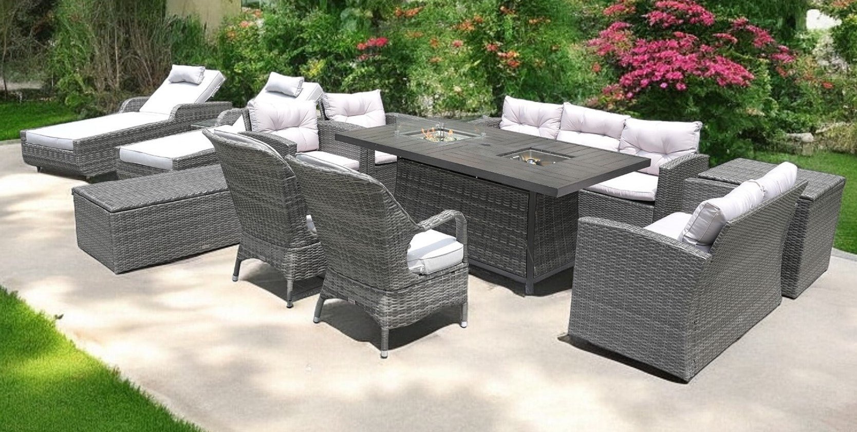 Twelve Piece Outdoor Gray Wicker Multiple Chairs Seating Group Fire Pit Included with White Cushions - Montana Home & Kitchen Co.