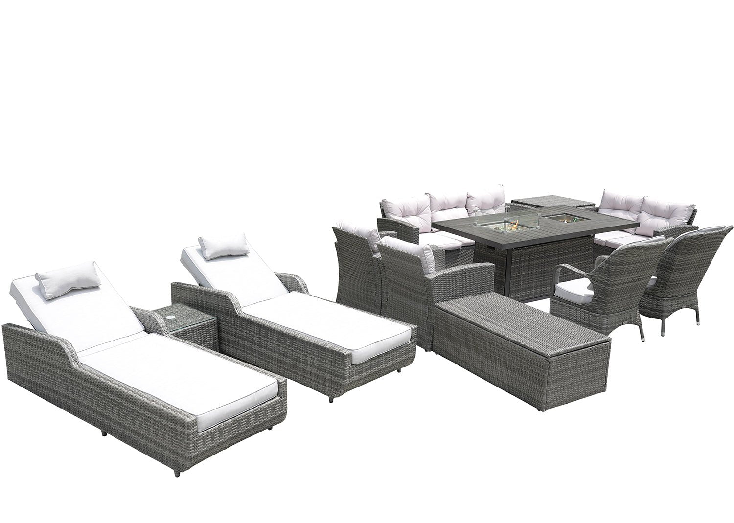 Twelve Piece Outdoor Gray Wicker Multiple Chairs Seating Group Fire Pit Included with White Cushions - Montana Home & Kitchen Co.