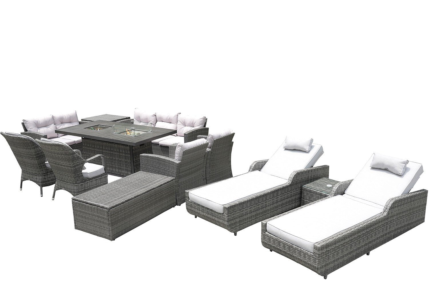 Twelve Piece Outdoor Gray Wicker Multiple Chairs Seating Group Fire Pit Included with White Cushions - Montana Home & Kitchen Co.