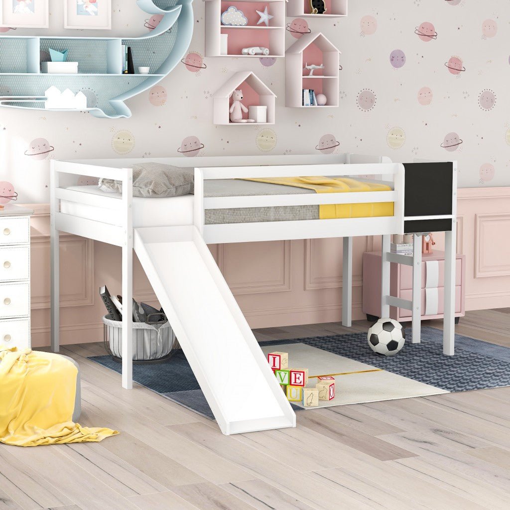 Twin Loft Bed Bed Chalkboard and Slide (White) - Montana Home & Kitchen Co.