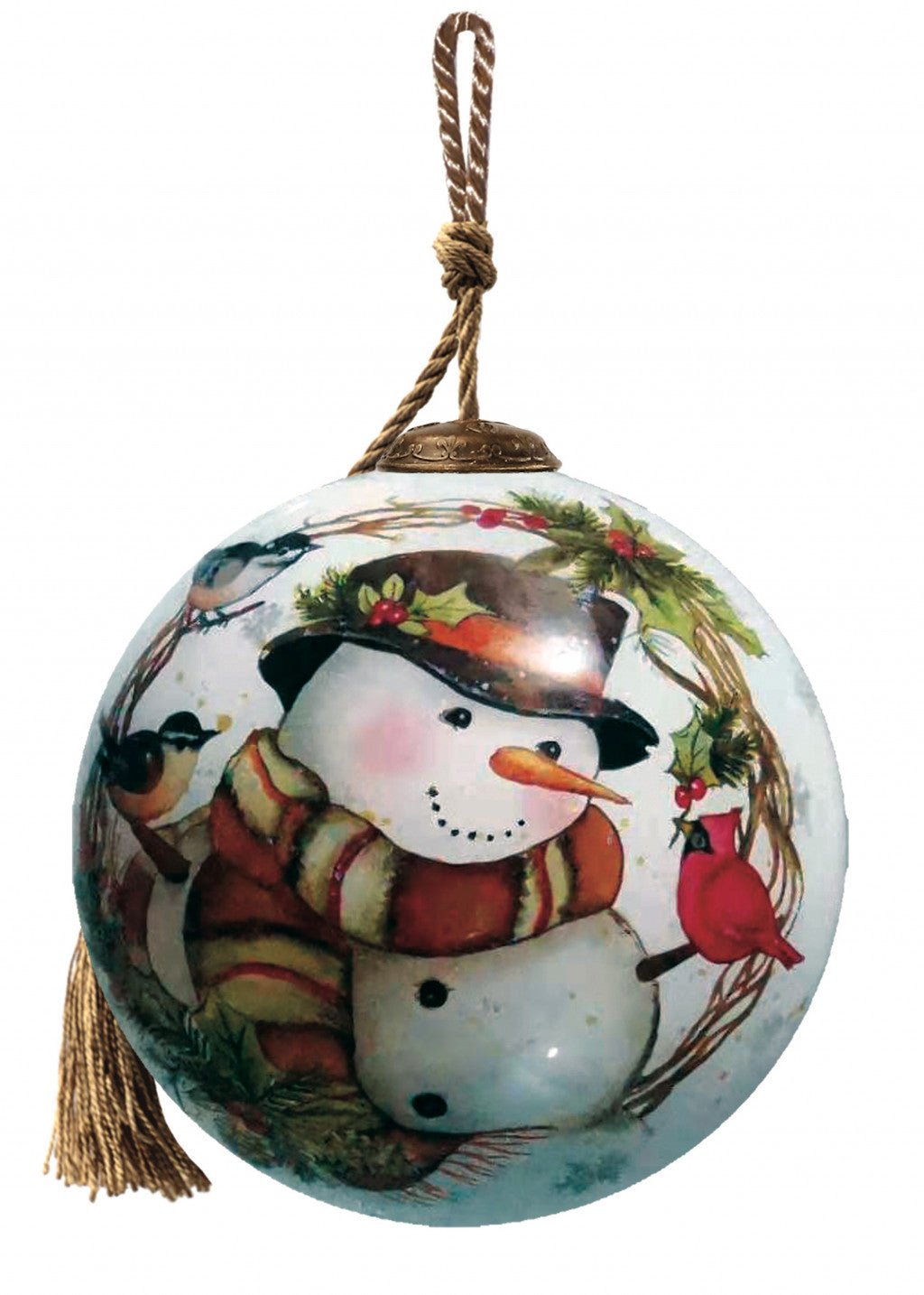 Winter Wreath Forest Snowman Hand Painted Mouth Blown Glass Ornament - Montana Home & Kitchen Co.