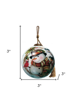 Winter Wreath Forest Snowman Hand Painted Mouth Blown Glass Ornament - Montana Home & Kitchen Co.