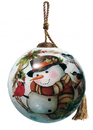 Winter Wreath Forest Snowman Hand Painted Mouth Blown Glass Ornament - Montana Home & Kitchen Co.